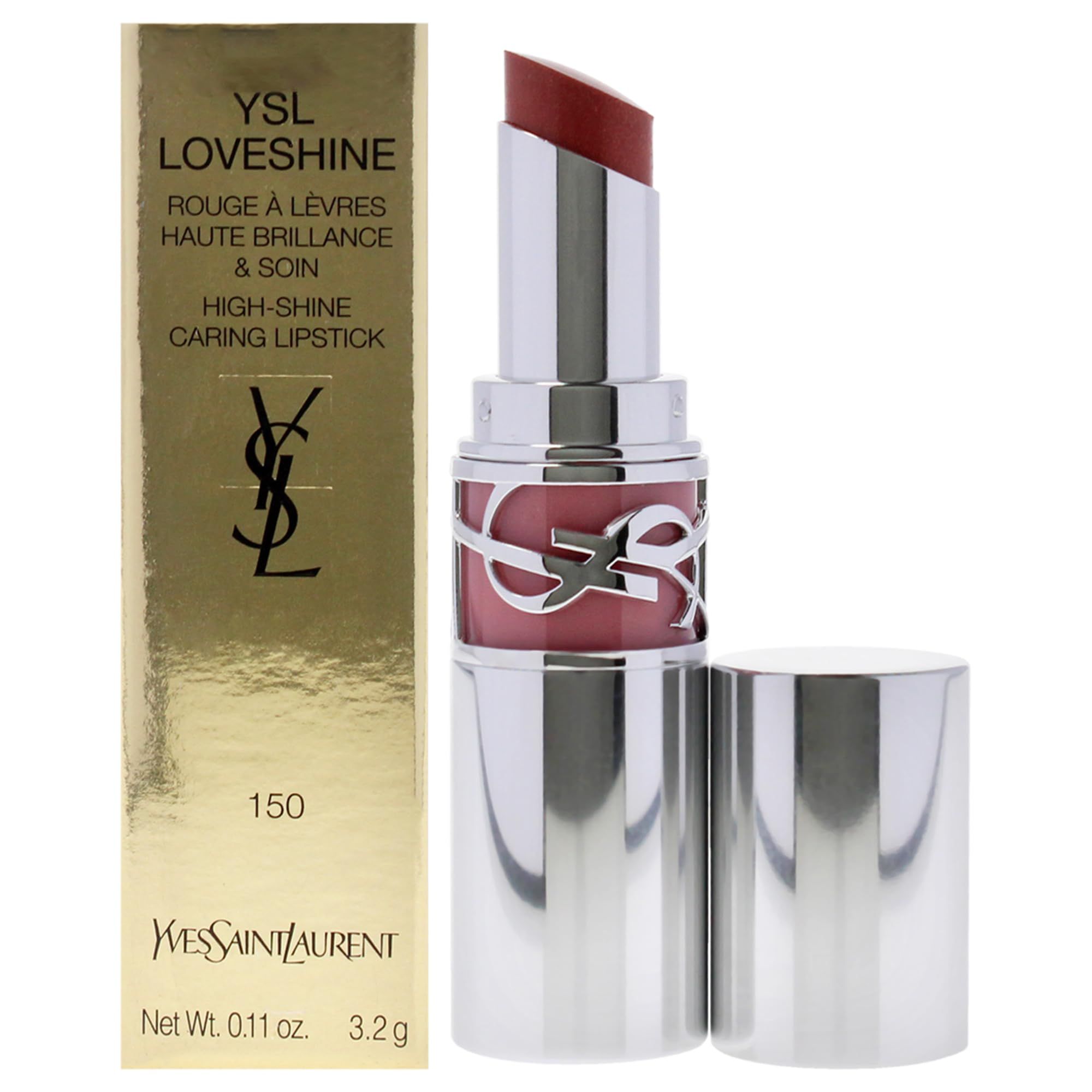 Lippenstift mit silberfarbenem Gehäuse und roter Spitze. Daneben eine goldfarbene Verpackung mit Produktinformationen und Logo.