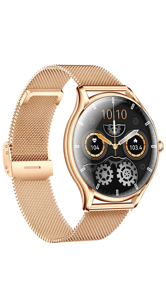 Goldfarbene Smartwatch mit schwarzem Zifferblatt und Mesh-Armband. Gezeigt ist die Seite mit dem Verschluss.