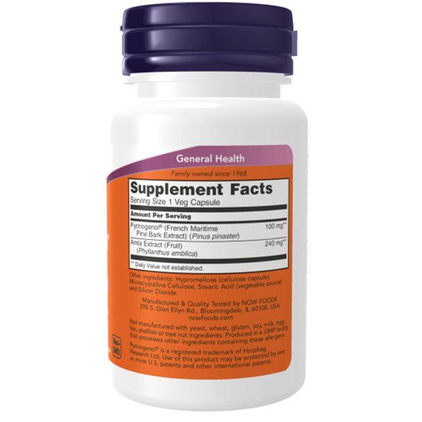 Rückseite der Flasche. Aufkleber mit Nährwertangaben und Inhaltsstoffen. Marke: NOW FOODS. Enthält Pycnogenol, 100 mg.