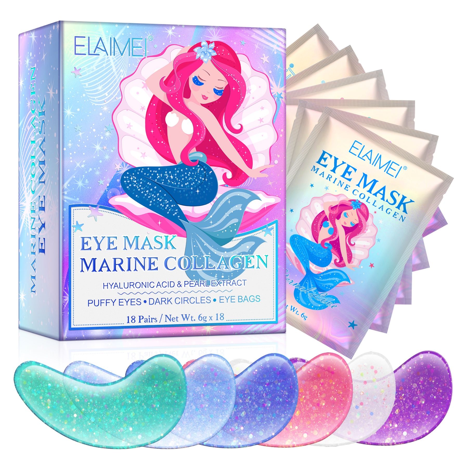 ELAIMEI Eye Mask Packung mit Meerjungfrau-Design, 18 Paar Augenpads. Verschiedene Farben der Pads sind sichtbar.