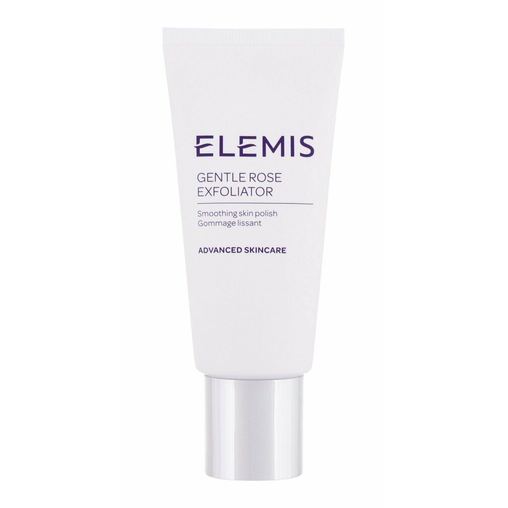 Weiße Tube mit silbernem Verschluss. Aufschrift: Elemis, Gentle Rose Exfoliator. Text: Smoothing skin polish, Gommage lissant.