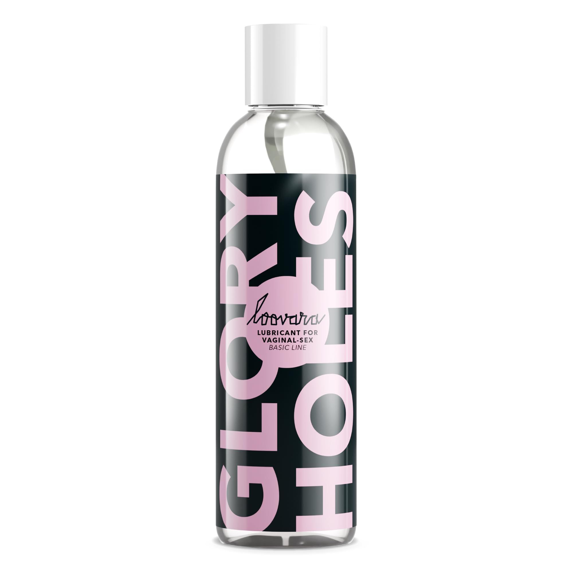 Loovara Glory Holes Gleitmittel in transparenter Flasche mit weißem Verschluss.