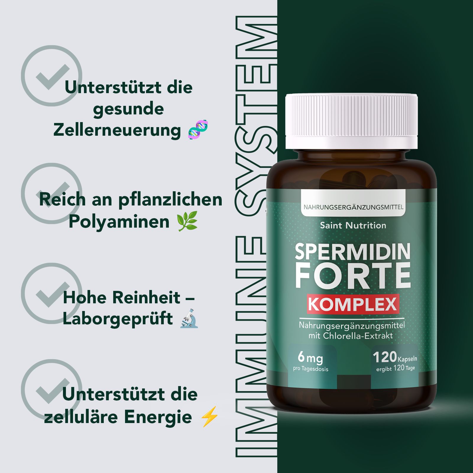 Produktflasche mit Text und Icons. Text: Spermidin Forte Komplex. 120 Kapseln. Grün-weißer Hintergrund. Icons: Zellenergie.