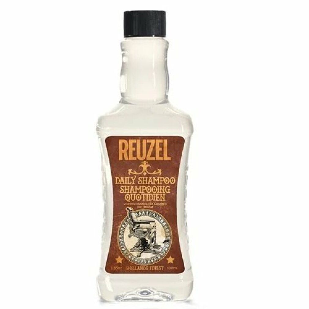 Reuzel Daily Shampoo Flasche, klar, mit schwarzem Deckel und braunem Etikett.