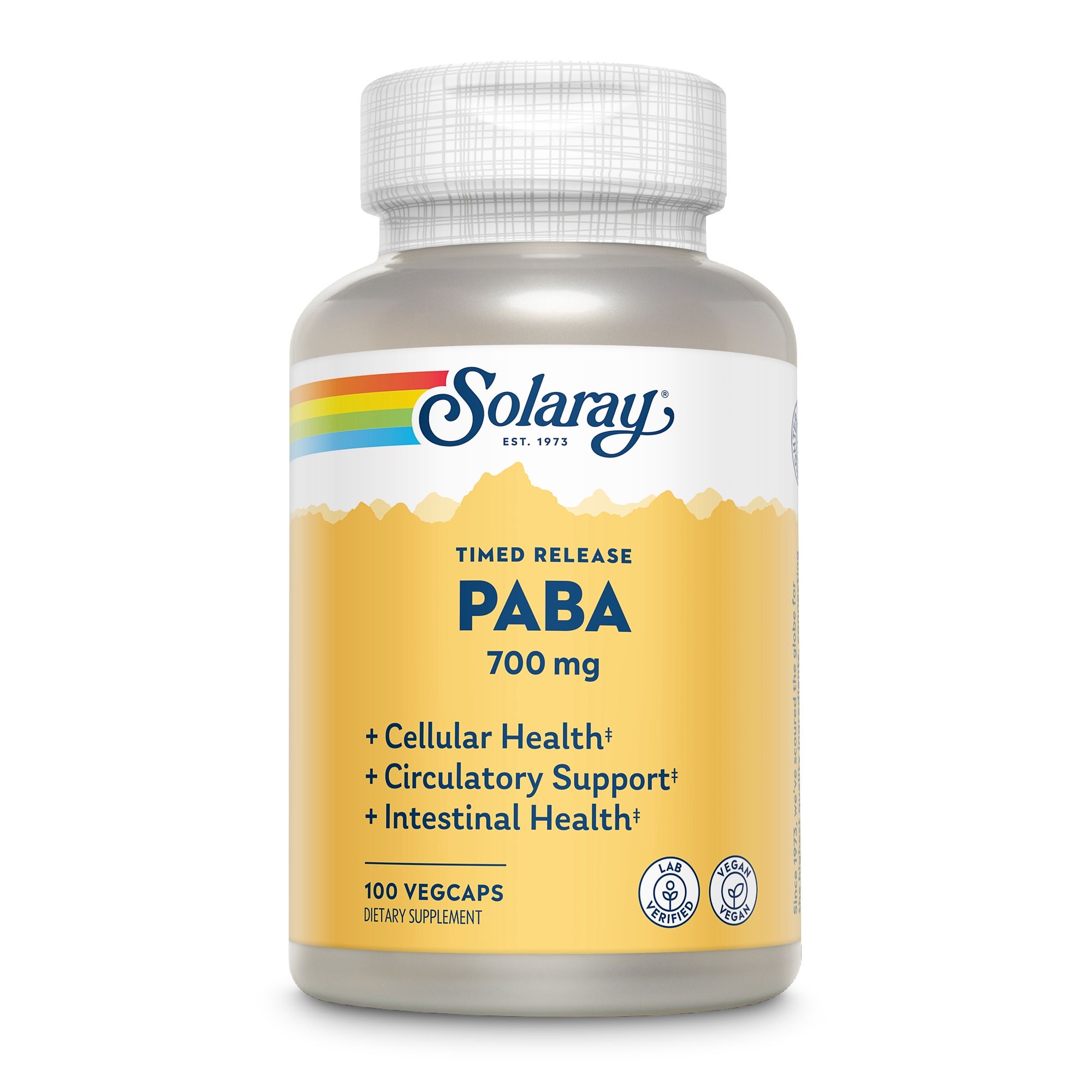 Solaray PABA 700 mg Flasche. 100 Vegicaps. Aufschrift: Cellular Health, Circulatory Support, Intestinal Health. Vegan- und Laborsiegel.