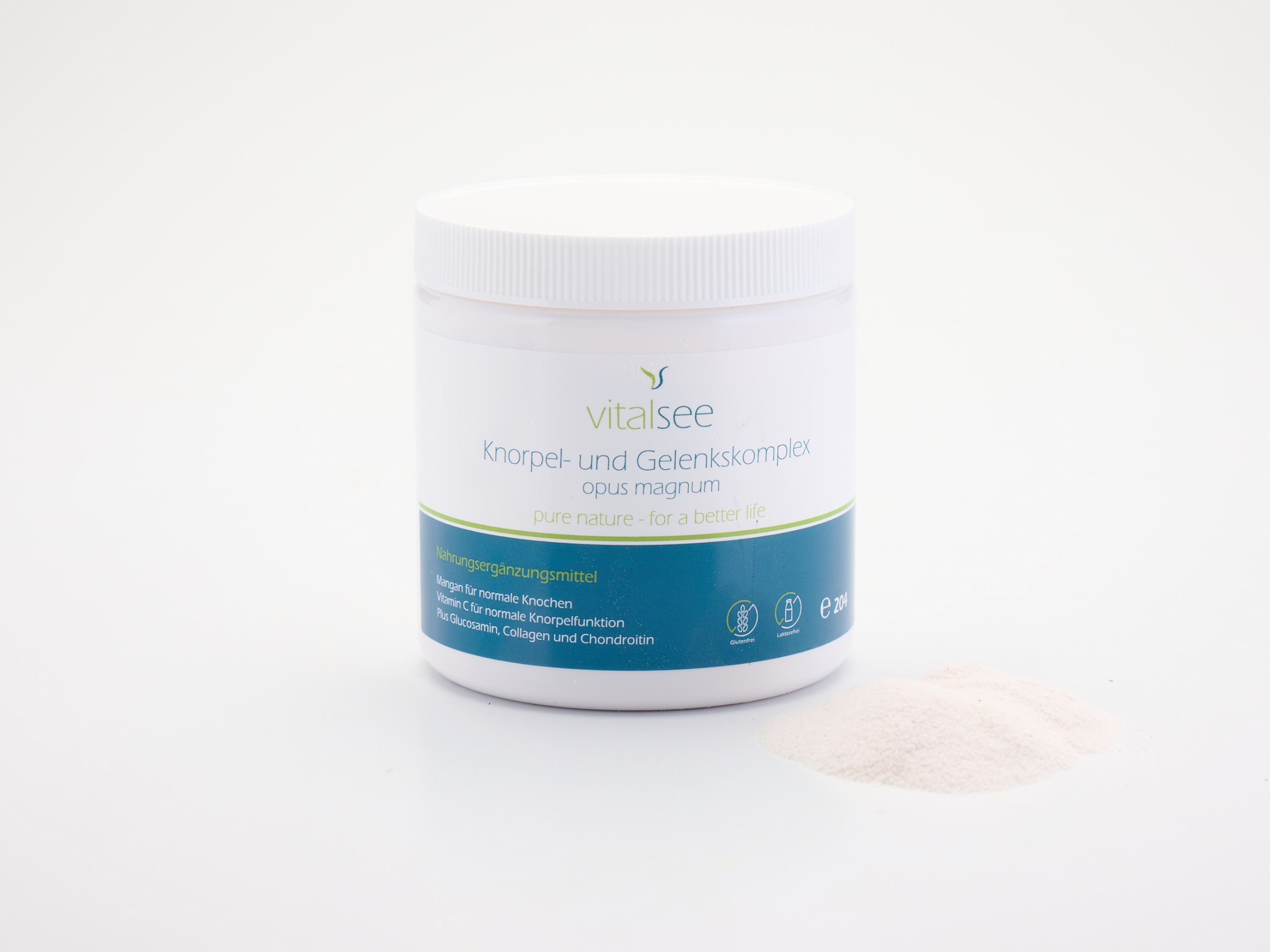 Weißes Produktglas mit Schraubverschluss und Pulver daneben. Aufschrift: VITALSEE Knorpel- und Gelenkskomplex.