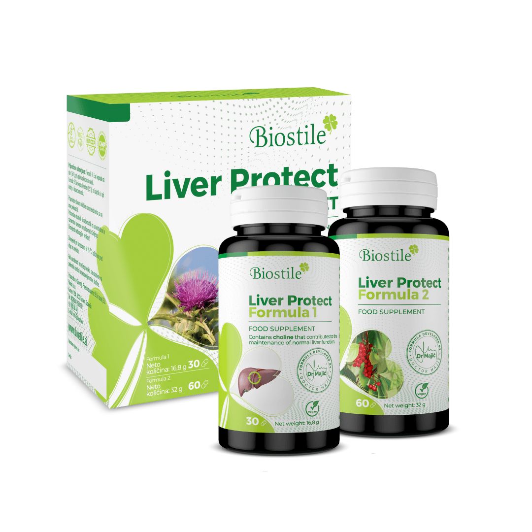 Zwei Flaschen und eine Schachtel mit der Aufschrift "Biostile Liver Protect Komplett". Auf den Flaschen steht "Liver Protect Formula 1" und "Formula 2".