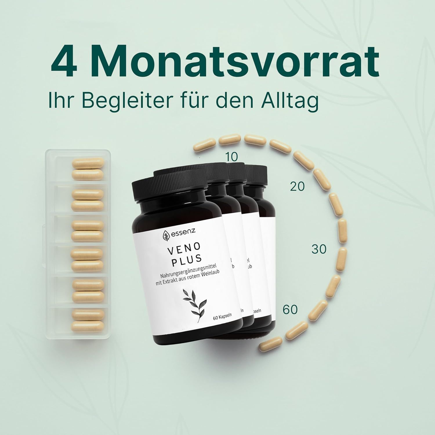 Drei Flaschen ESSENZ VENO PLUS, 60 Kapseln. Eine Packung mit Kapseln. Text: 4 Monatsvorrat.