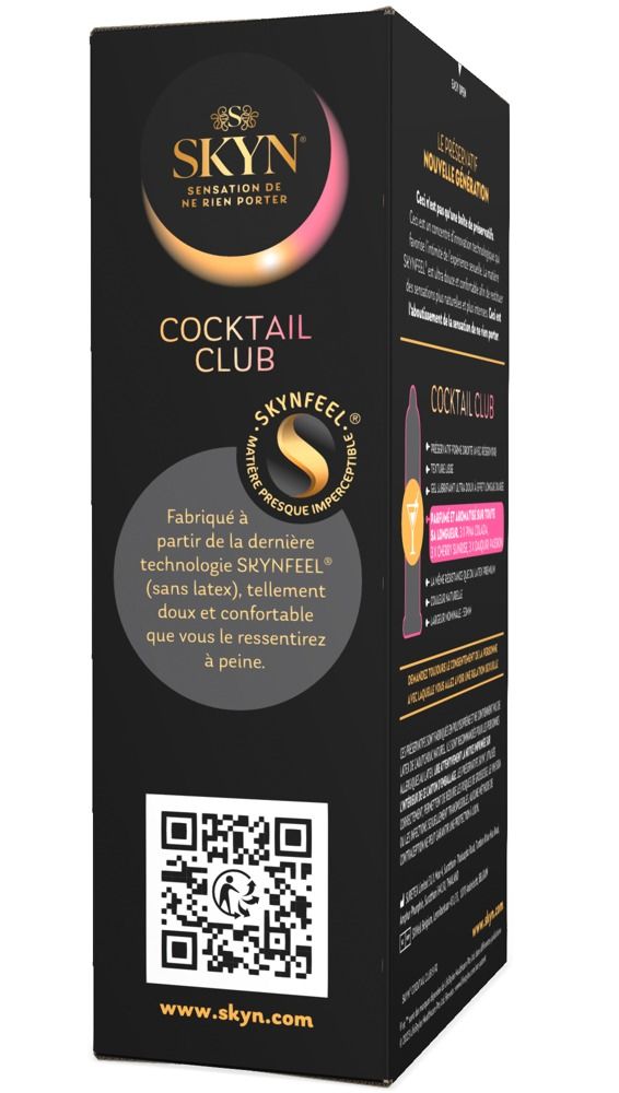 Schwarze Schachtel SKYN Cocktail Club. Text: SKYN, Cocktail Club, SKYNFEEL Technologie. QR-Code und Website-Adresse.