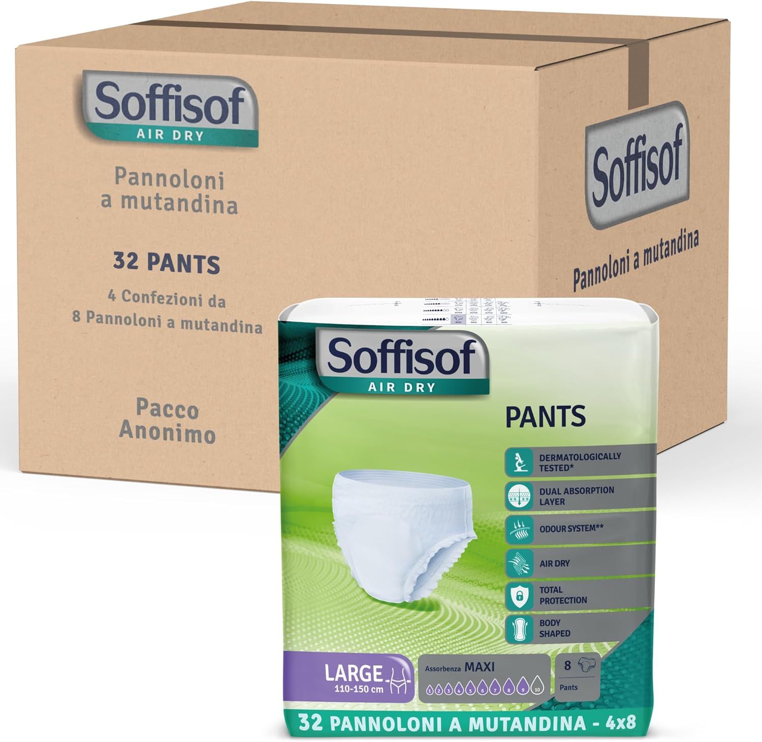Soffisof Pants Maxi Windelhosen. Verpackung und Karton. 32 Stück. Produktinformationen auf der Verpackung.