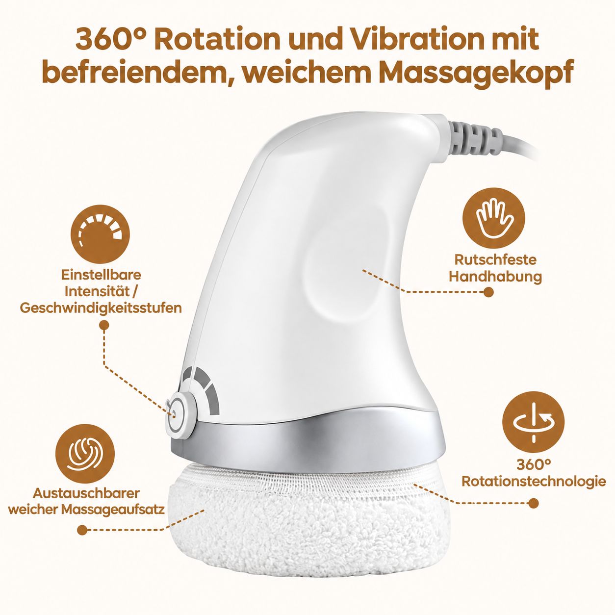 Elektrisches Massagegerät mit rotierendem Kopf, 3 Aufsätzen und Geschwindigkeitsregler.