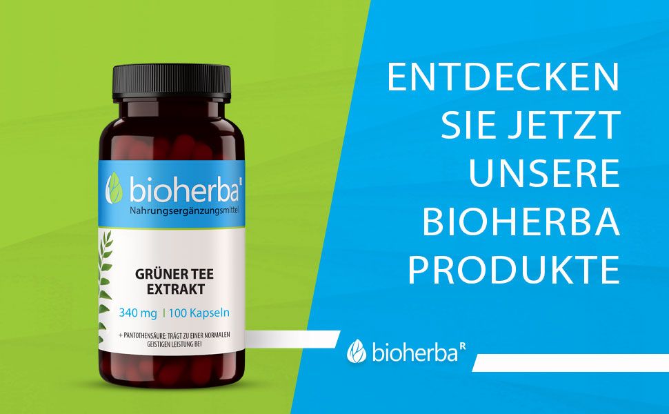 Braune Flasche mit Kapseln. Aufschrift: Grüner Tee Extrakt, 340 mg, 100 Kapseln. Text: Entdecken Sie jetzt unsere Bioherba Produkte. Bioherba-Logo.