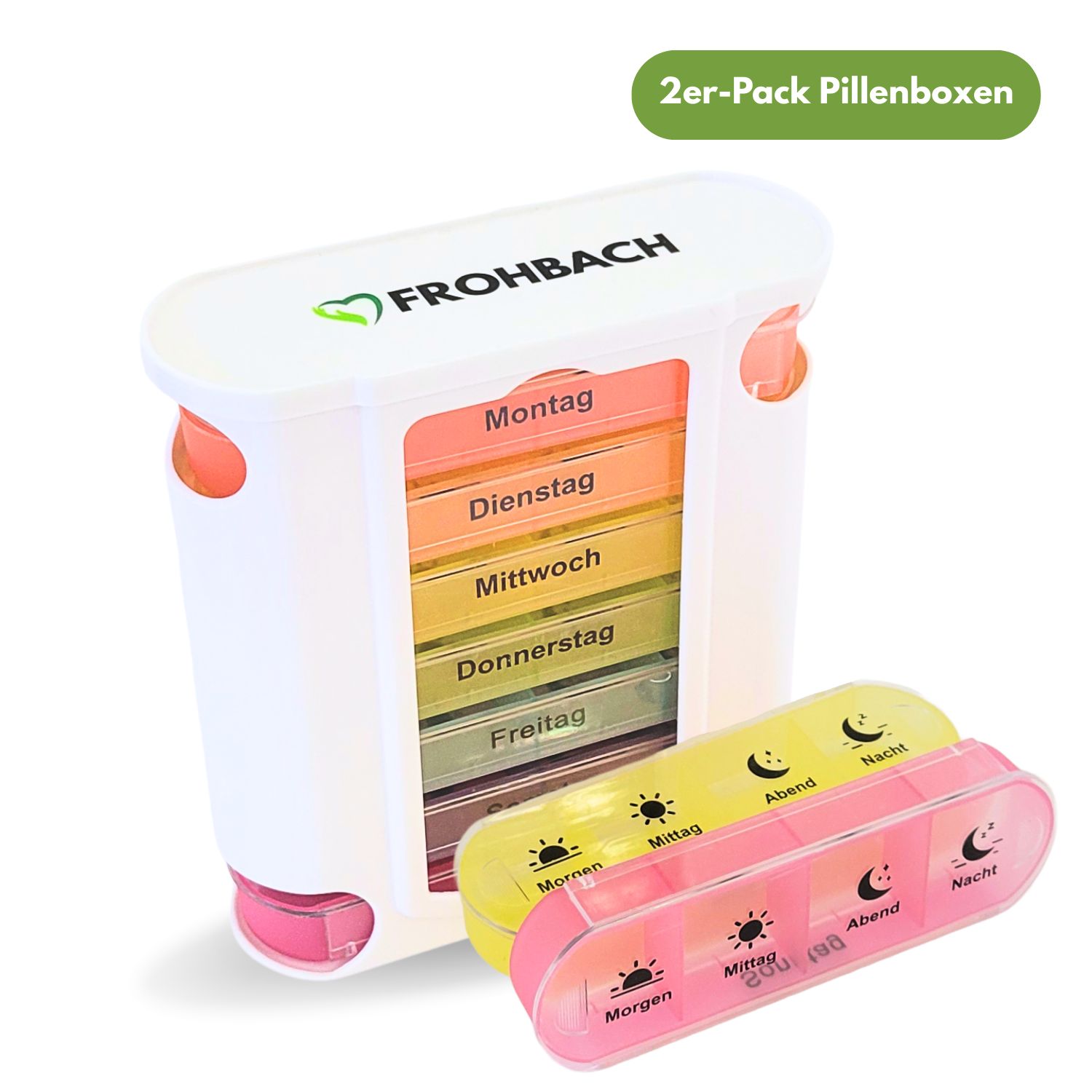 Weiße Frohbach Pillenbox mit 7 Fächern, 2er-Pack. Enthält zwei separate, farbige Pillenboxen für Morgen, Mittag und Abend.