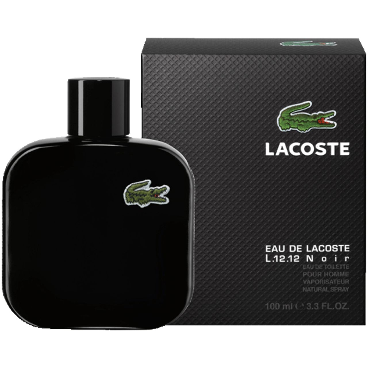 Schwarzer Flakon und Verpackung. Lacoste Eau de Lacoste L.12.12 Noir. Logo mit Krokodil. Text: Eau de Toilette, Natural Spray.