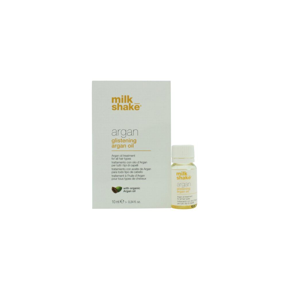 Karton und Flasche mit Produktetikett. Aufschrift: Milk_shake, Argan Glistening Argan Oil. 15 ml.