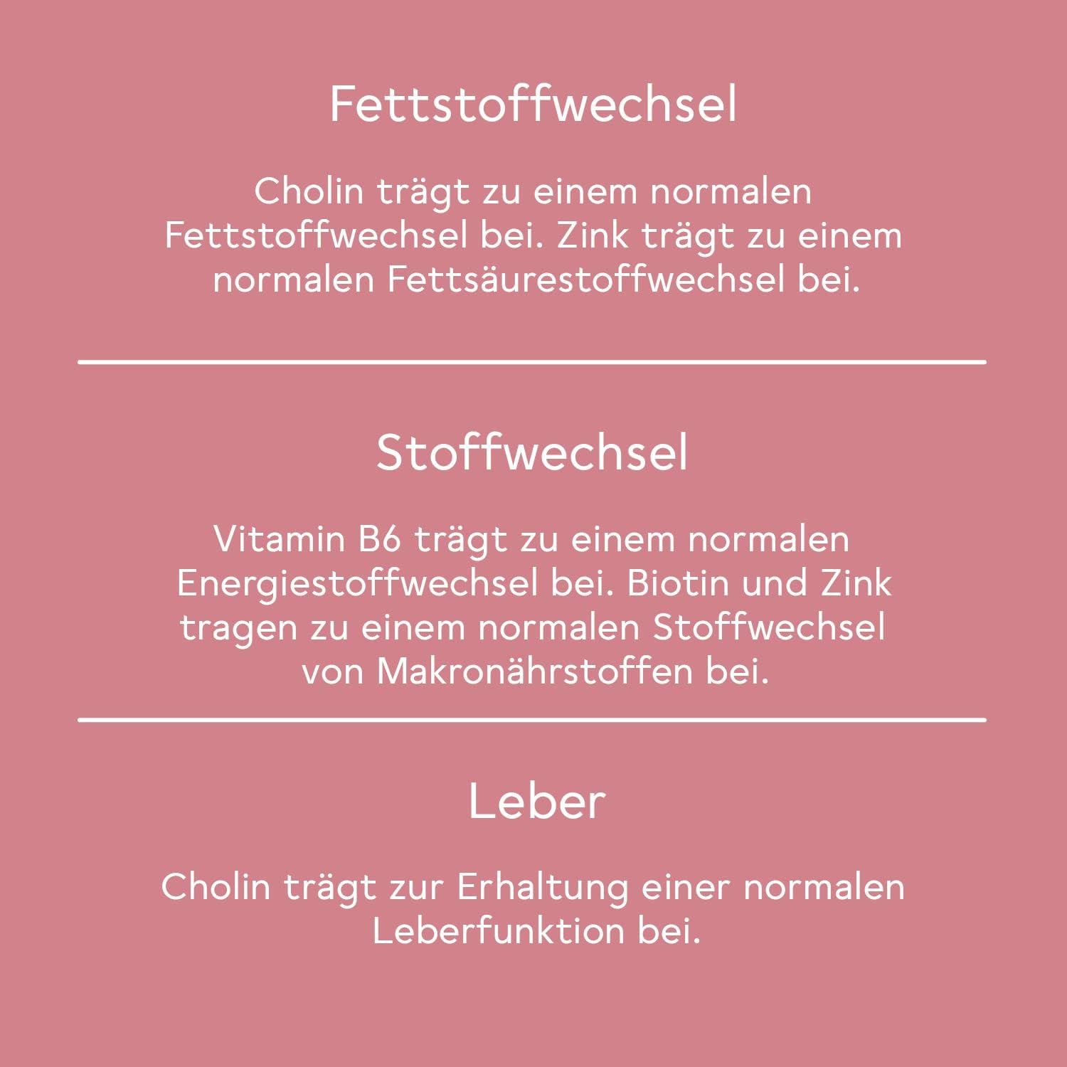 Text auf rosa Hintergrund. Auflistung von Inhaltsstoffen, wie Grüntee, Zimt, Chili, etc. in einer Flaschenform angeordnet.