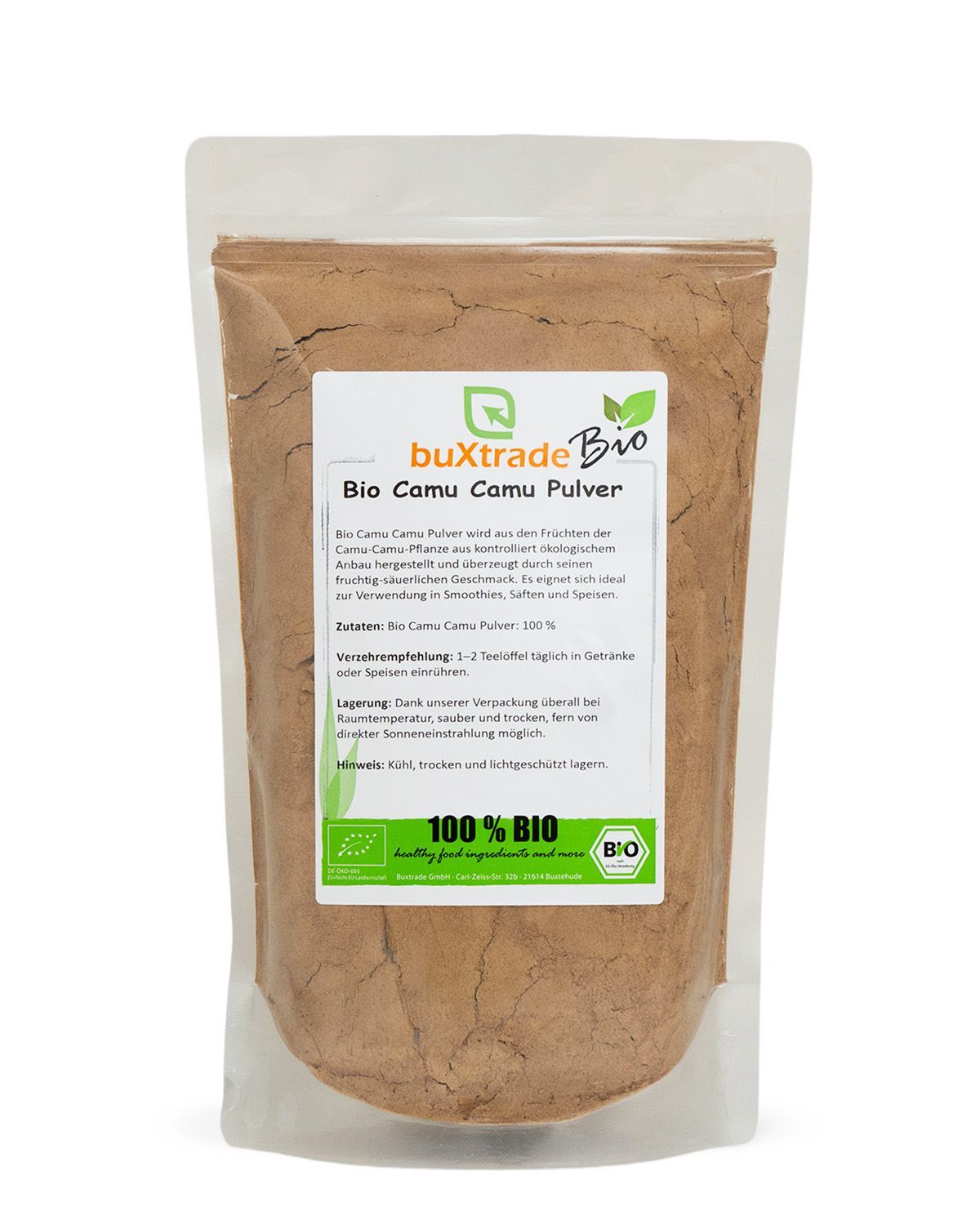 Verpackung mit Bio Camu Camu Pulver, 100% BIO Siegel und Zutatenliste.