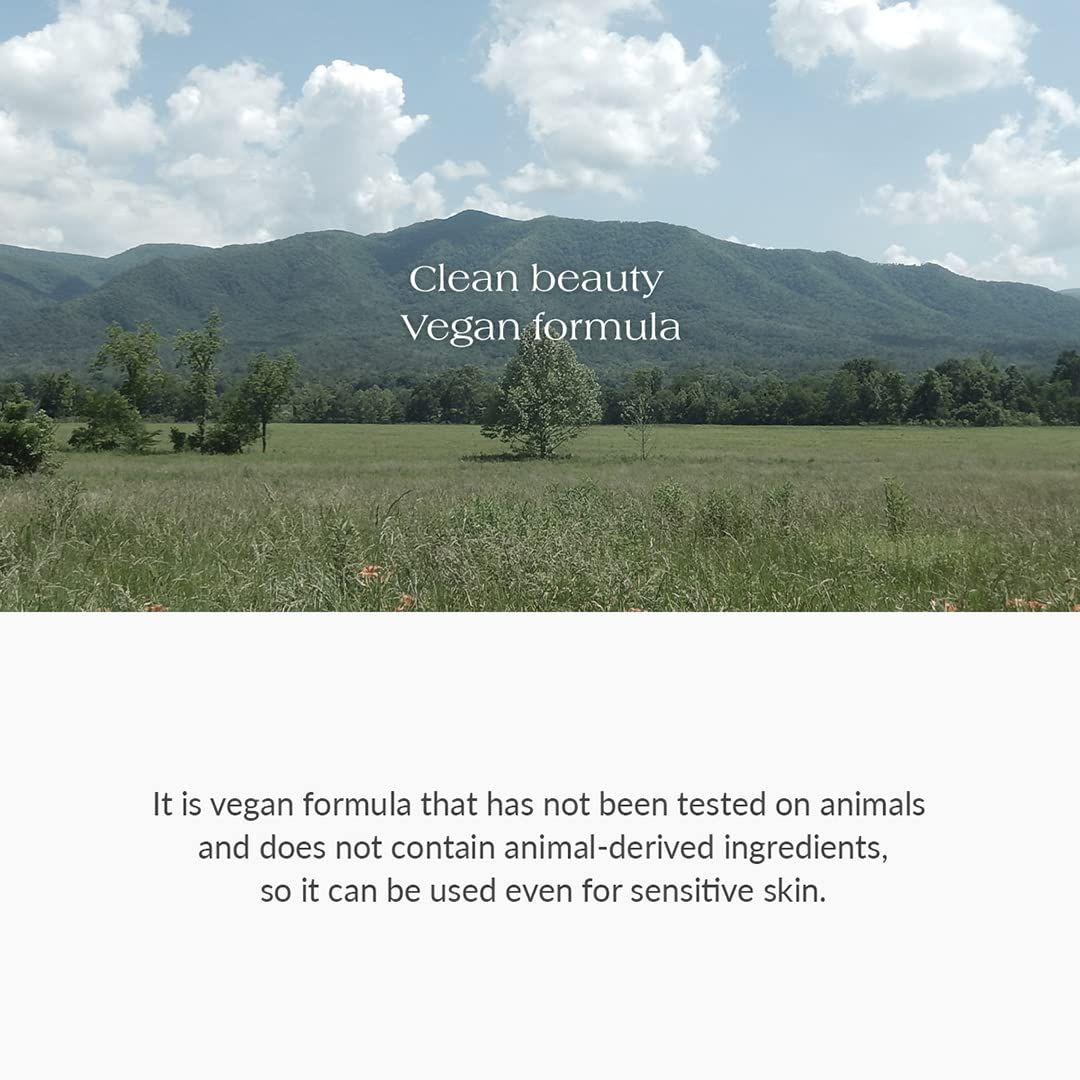 Landschaft mit Bergen und Himmel. Text: Clean Beauty, Vegan Formula.