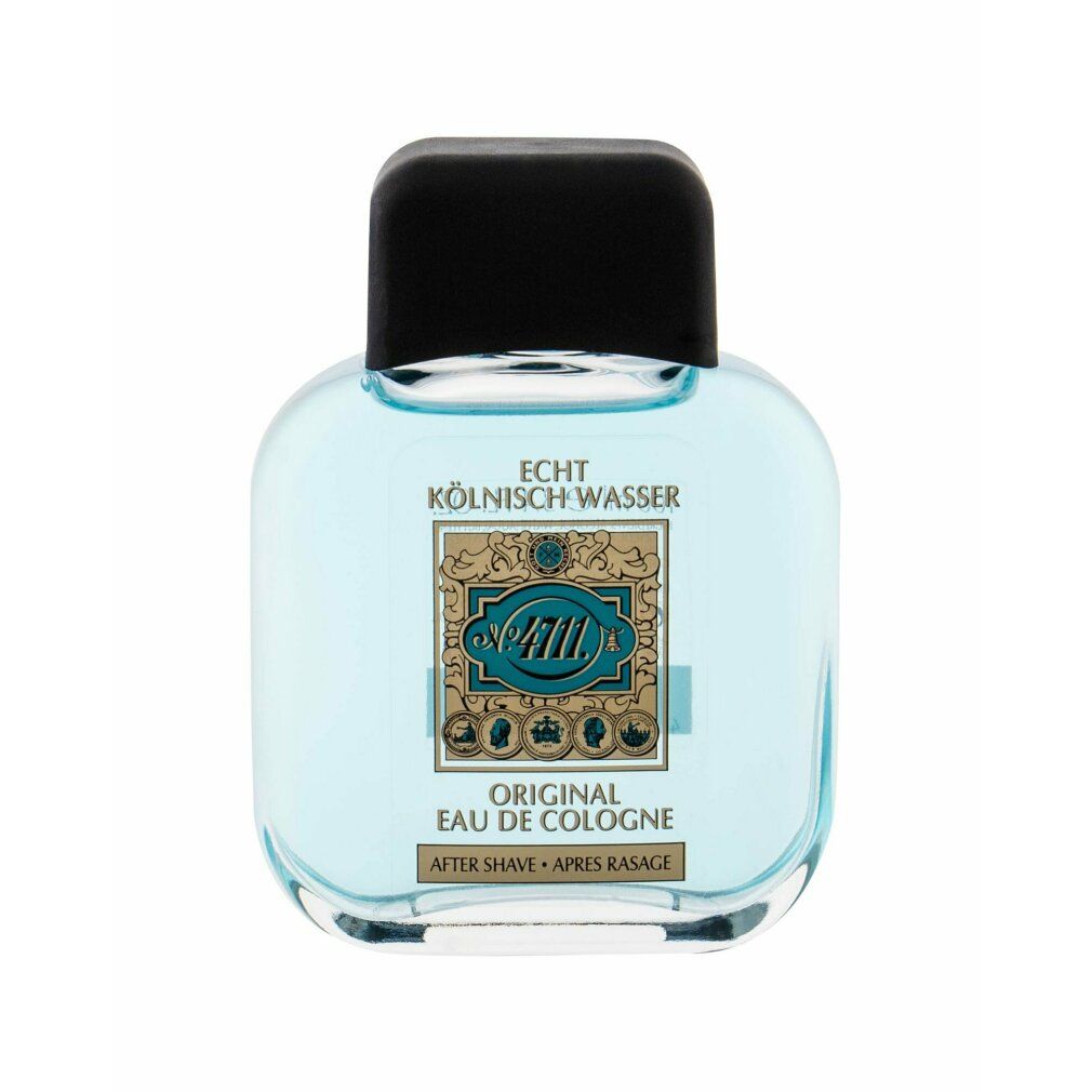 Hellblaue Flasche mit schwarzem Deckel. Etikett mit Schriftzug '4711 Original Eau de Cologne After Shave'.
