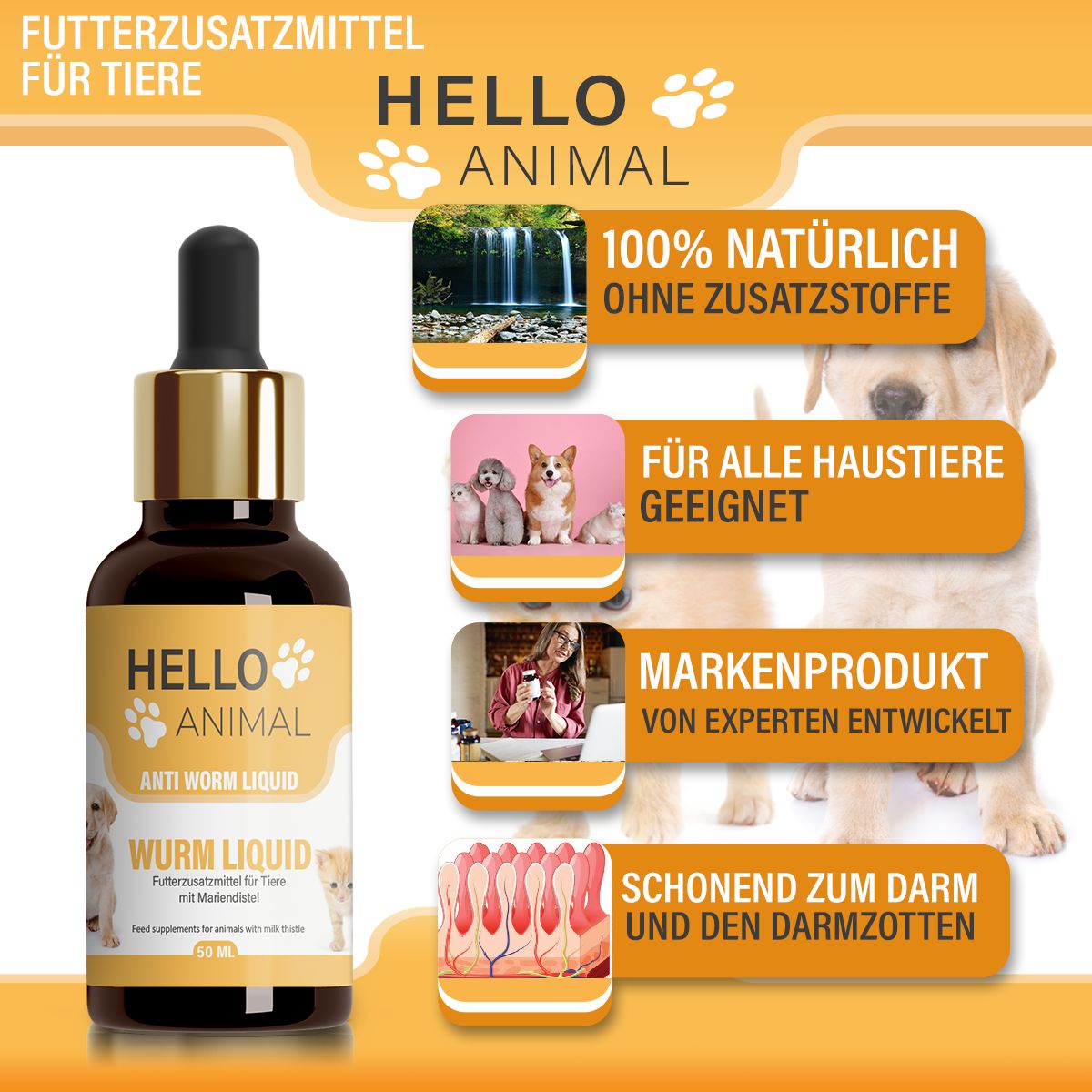 Produktflasche mit Zusatzinformationen. Textfelder: "100% NATÜRLICH", "FÜR ALLE HAUSTIERE GEEIGNET", "MARKENPRODUKT".