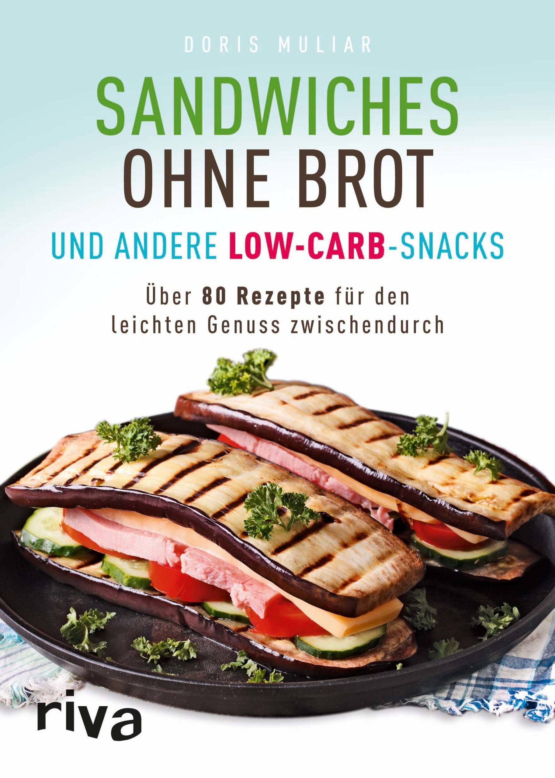 Buchcover mit dem Titel "Sandwiches ohne Brot". Gezeigte Low-Carb-Snacks. Auf dem Teller liegen zwei Sandwiches mit gegrillten Auberginen.