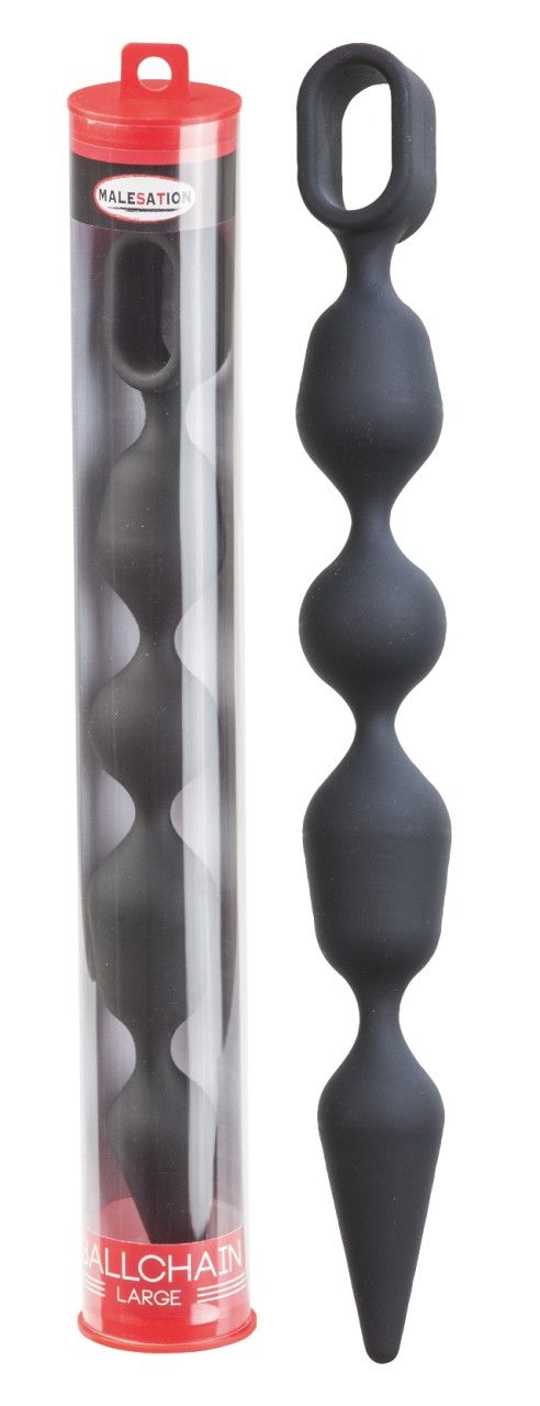 Schwarze Analkugelkette aus Silikon in transparenter Röhrenverpackung.