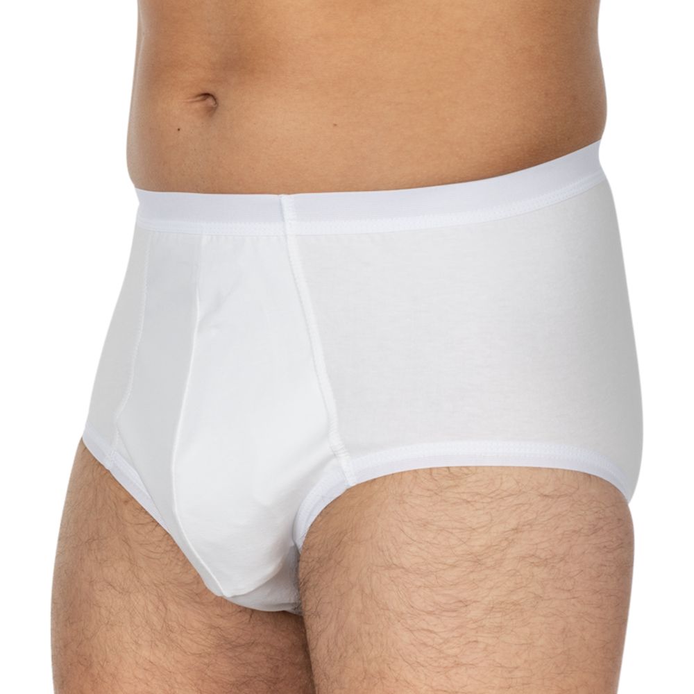 Weißer Herren Slip. Seitliche Ansicht. Elastischer Bund. Vorderseite mit verstärktem Einsatz.