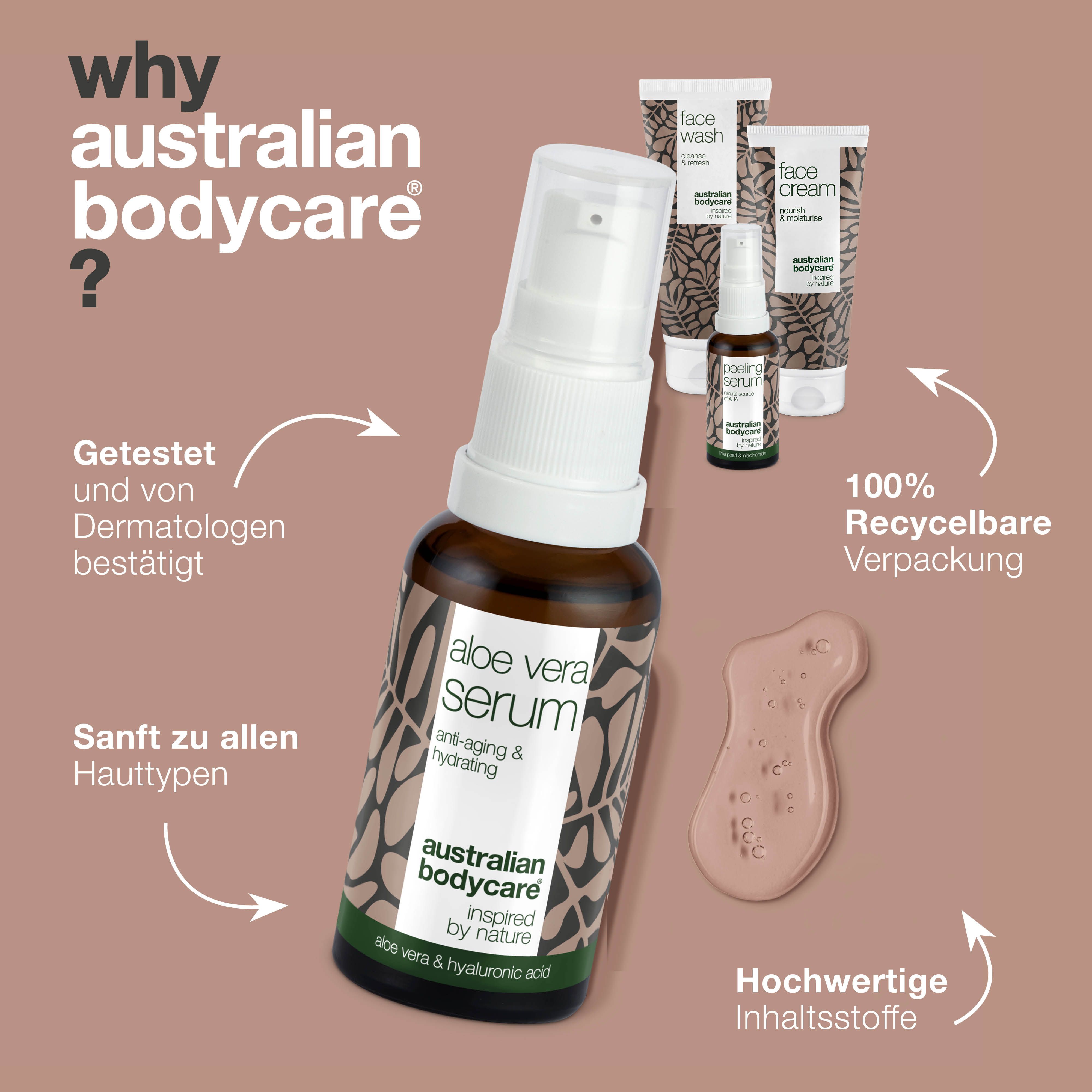 Aloe Vera Serum von Australian Bodycare. Daneben Face Wash und Face Cream. Text: 100% recycelbare Verpackung.