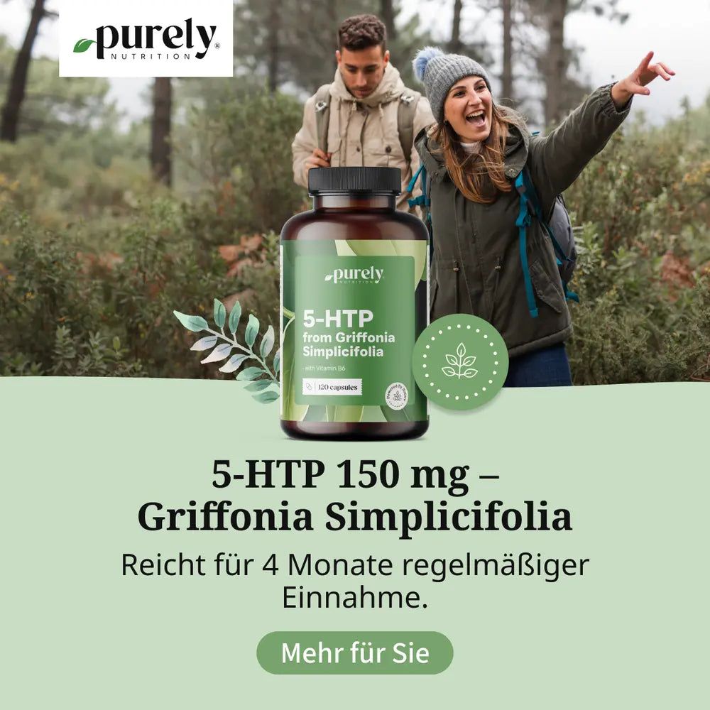 Paar im Wald. Daneben Flasche mit 5-HTP. Text: 5-HTP 150 mg – Griffonia Simplicifolia. Reicht für 4 Monate.