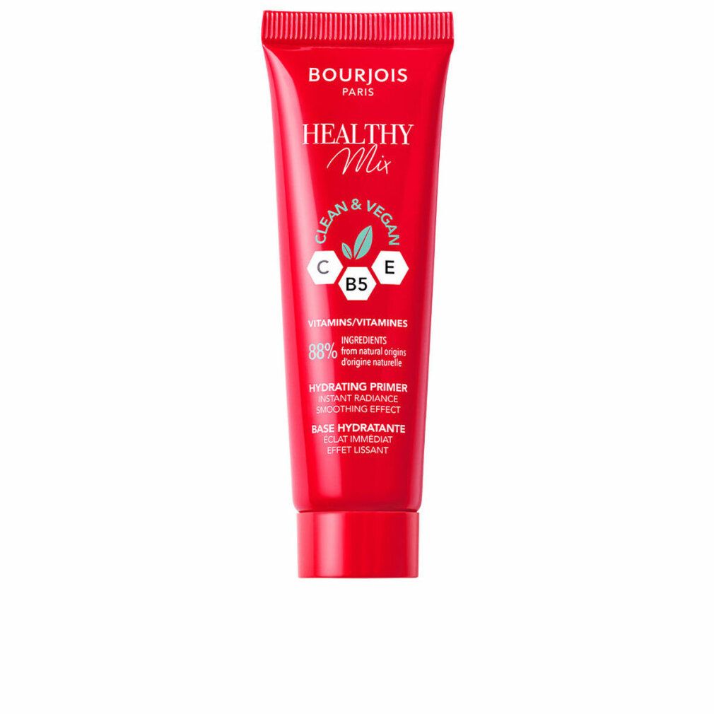 Rote Tube Bourjois Healthy Mix Primer. Text: Clean & Vegan, C, B5, E, Hydrating Primer. 88% Inhaltsstoffe natürlichen Ursprungs.