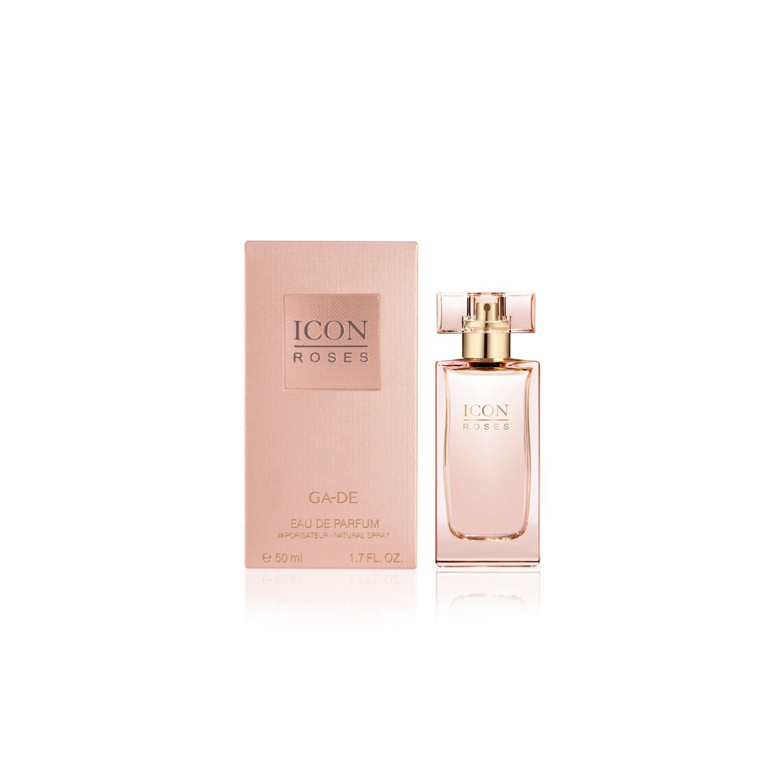 Ga-De Icon Roses Edp. Rosa Flakon und Schachtel. Goldfarbene Details. Text: Icon Roses, Ga-De, Eau de Parfum.
