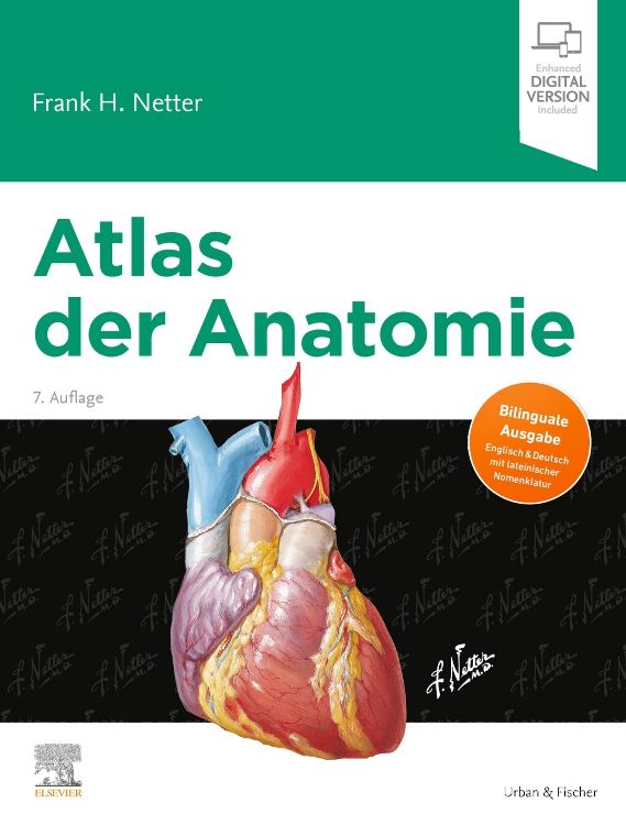 Buchcover: Atlas der Anatomie. Titel in Grün. Abbildung eines Herzens. Zusatz: Bilinguale Ausgabe Englisch & Deutsch.