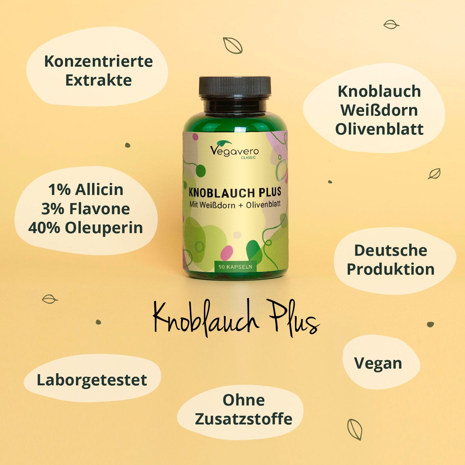 Produktflasche mit Knoblauch Plus. Informationen zu Inhaltsstoffen und Eigenschaften. Vegan.