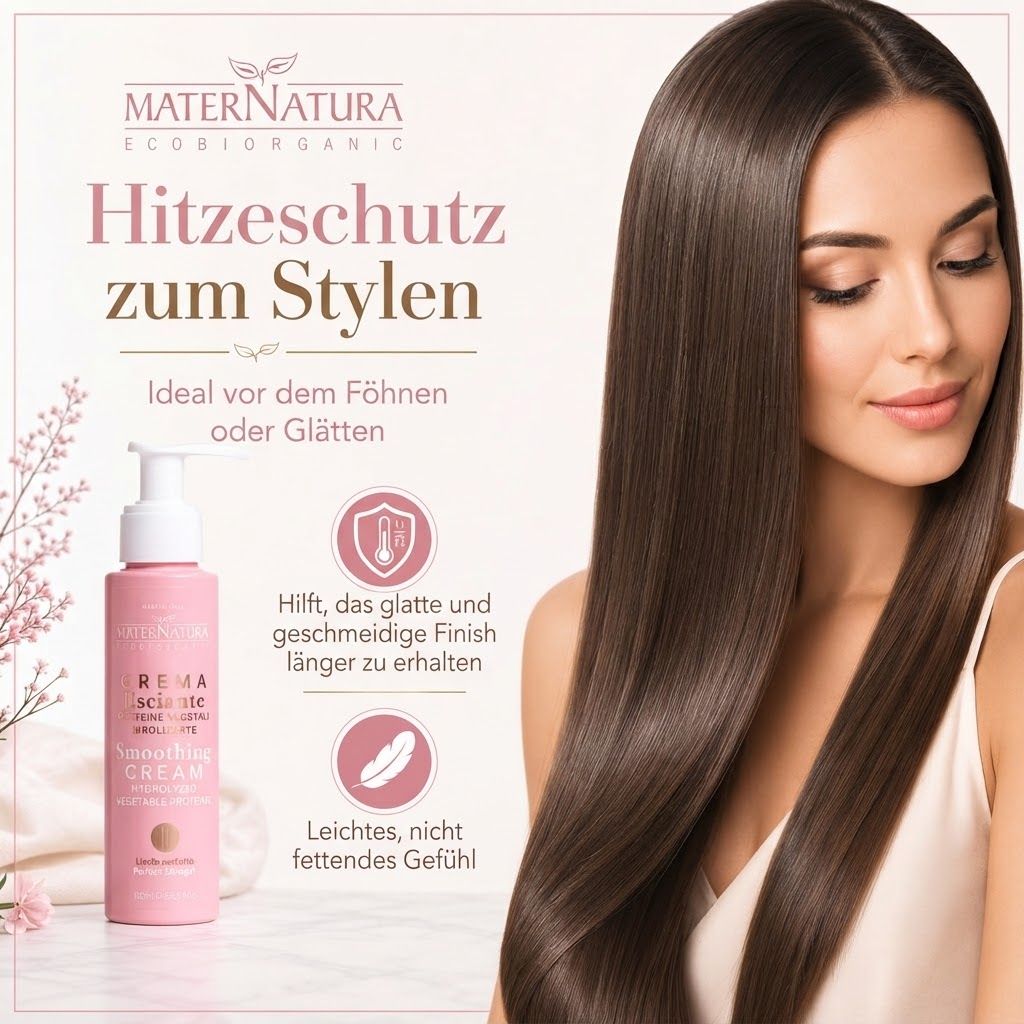 Frau mit langen, glatten Haaren und einer Flasche Hitzeschutzcreme.