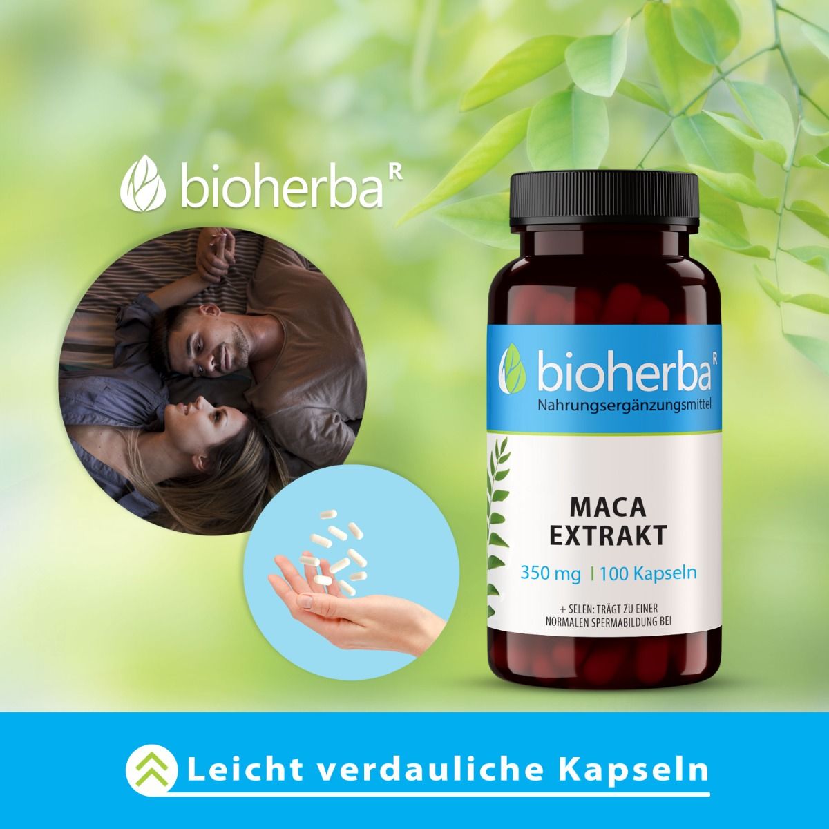 Braune Glasflasche mit schwarzen Deckel. Etikett mit "bioherba" Logo und "Maca Extrakt". Paar im Bett, Kapseln.