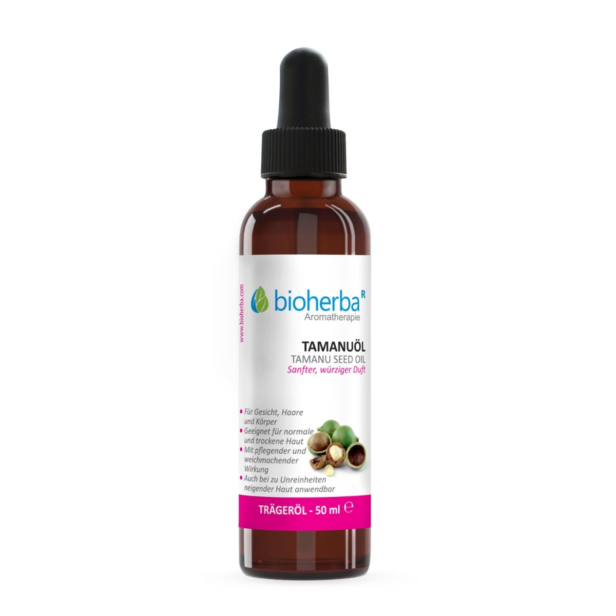 Braune Glasflasche mit Pipette. Weißes Etikett mit Produktname und Logo. Text: Tamanuöl, Trägeröl, 50 ml.