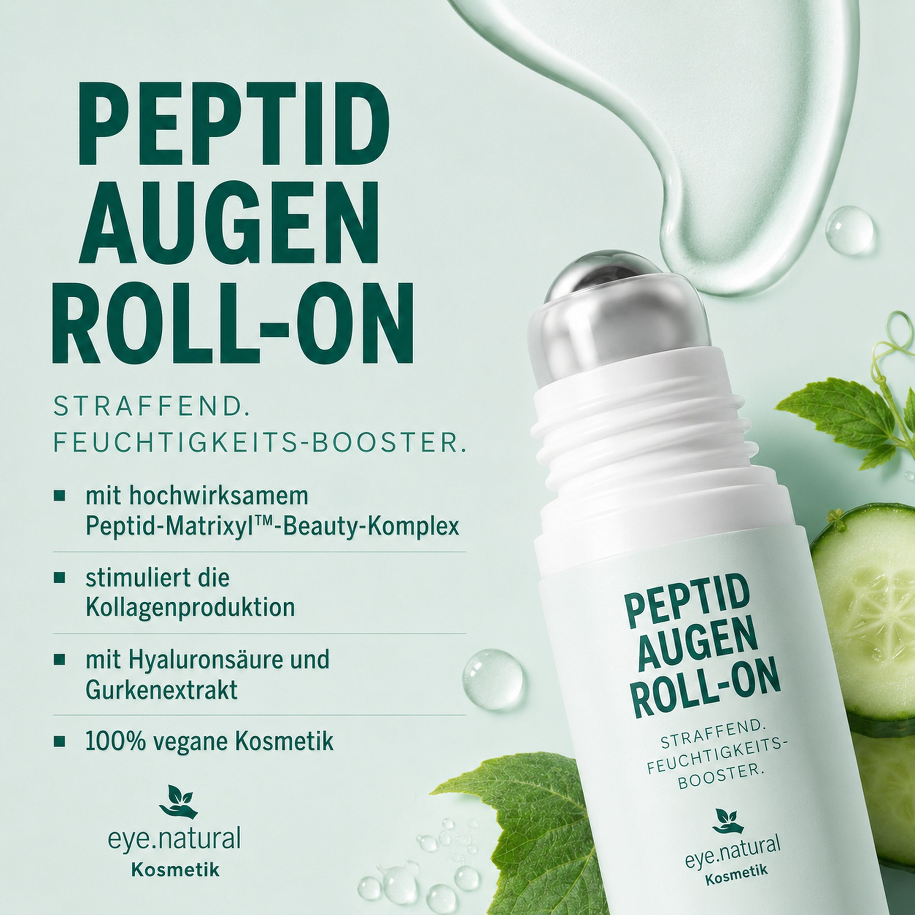 Peptid Augen Roll-On mit Text und Gurkenscheiben.
