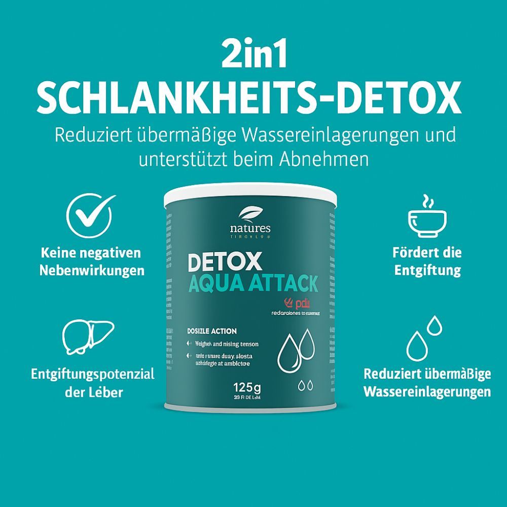 Dose Nature's Finest Detox Aqua Attack. Text: Detox Aqua Attack, 125g. Abbildungen: Entgiftung, Leber, Wasseransammlungen, keine Nebenwirkungen.