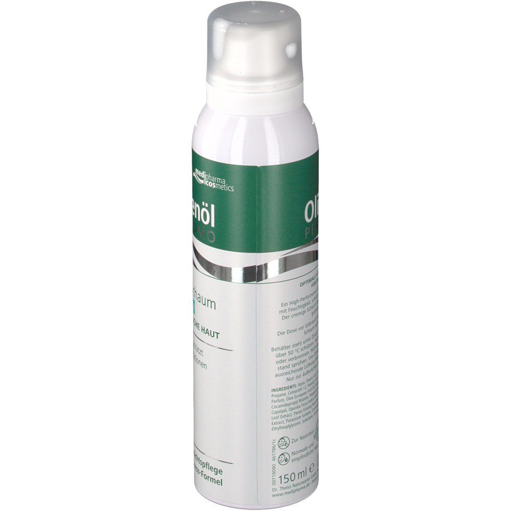 Weiß-grüne Sprühdose. Aufschrift: Olivenöl Rasierschaum. 150 ml. medipharma cosmetics.