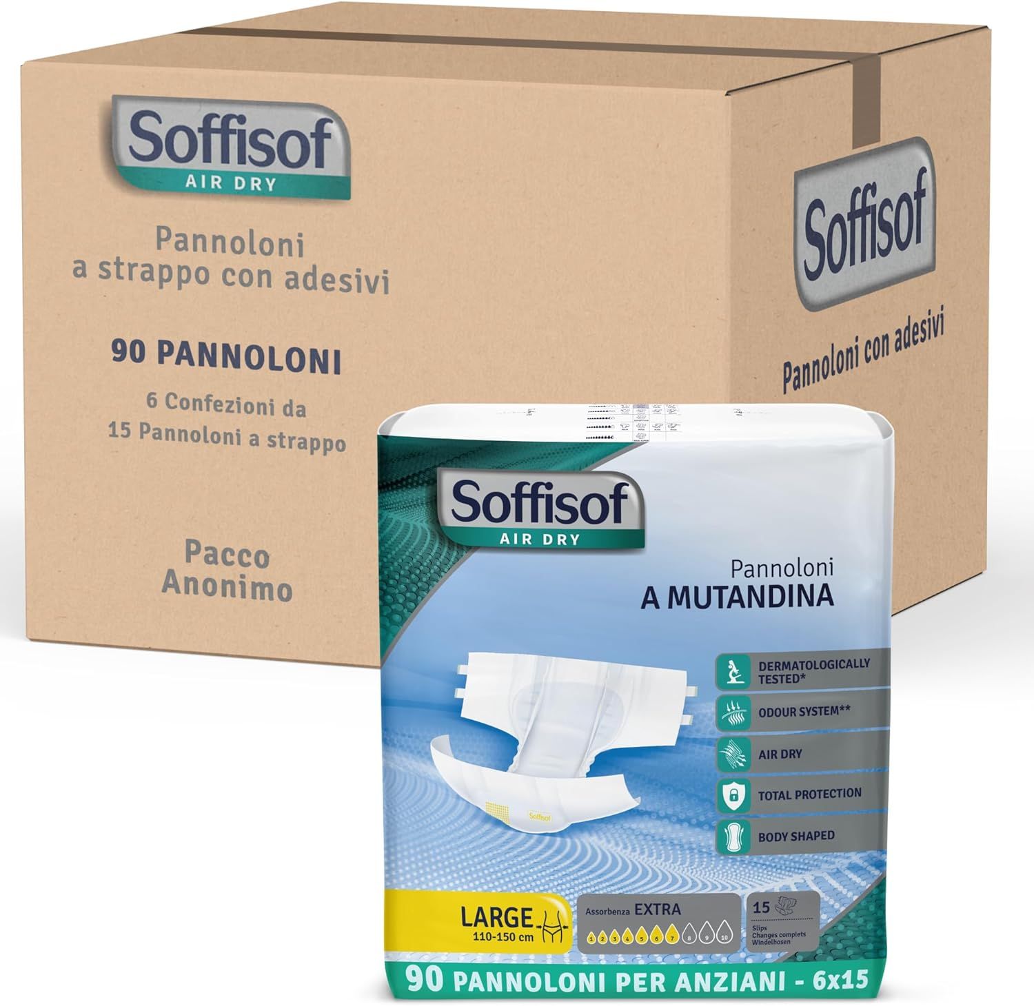 Soffisof Air Dry Windeln für Erwachsene Extra. Verpackung mit 90 Stück und Karton. Aufschrift: Pannoloni a strappo con adesivi.