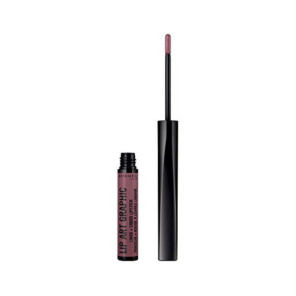 Lila Lip Art Graphic Liner. Schwarzer Stift und offene Flasche. Produktname und Marke sind sichtbar.