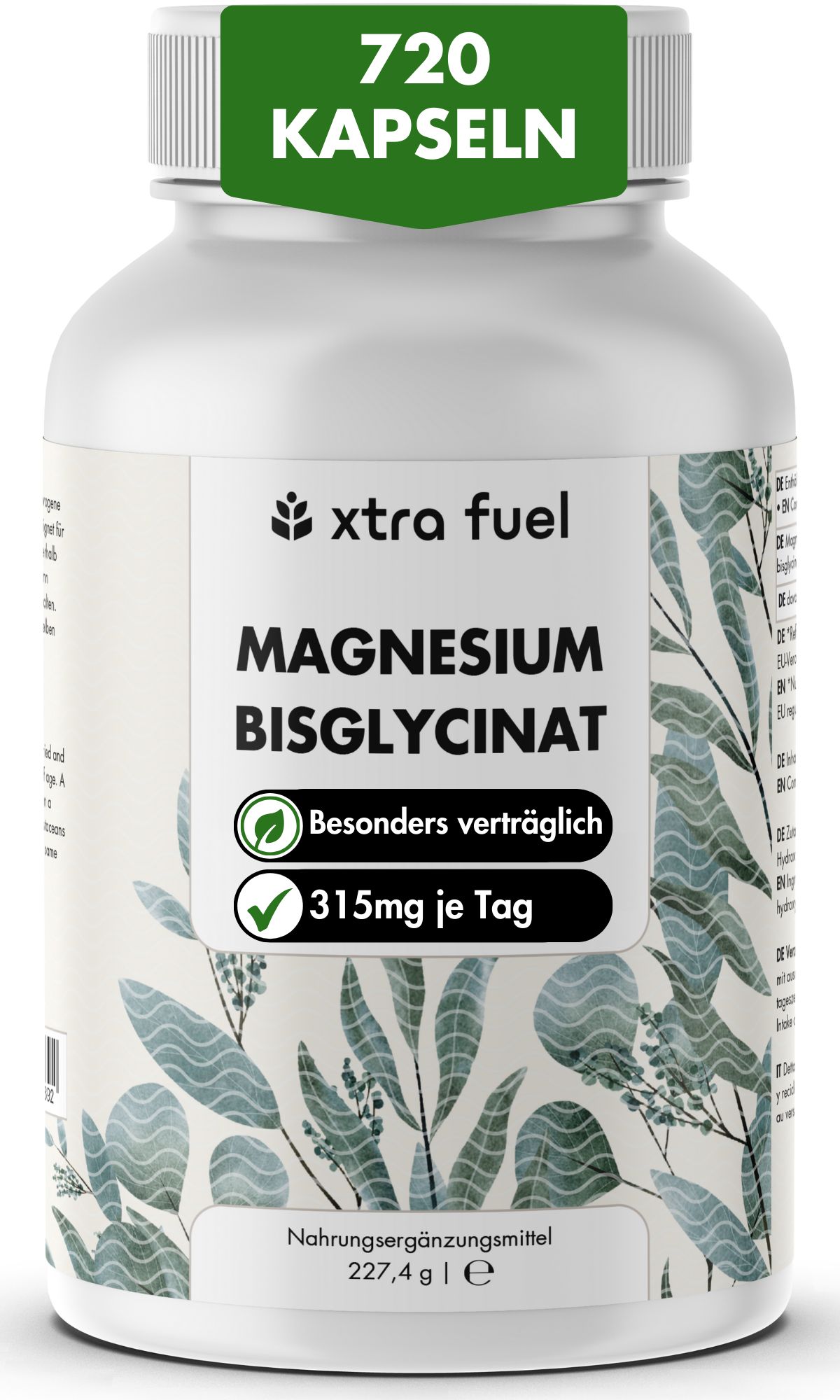 Weißes Flaschenprodukt mit grünem Etikett. Text: Magnesium Bisglycinat, 720 Kapseln. Grün-weiße Blätter.