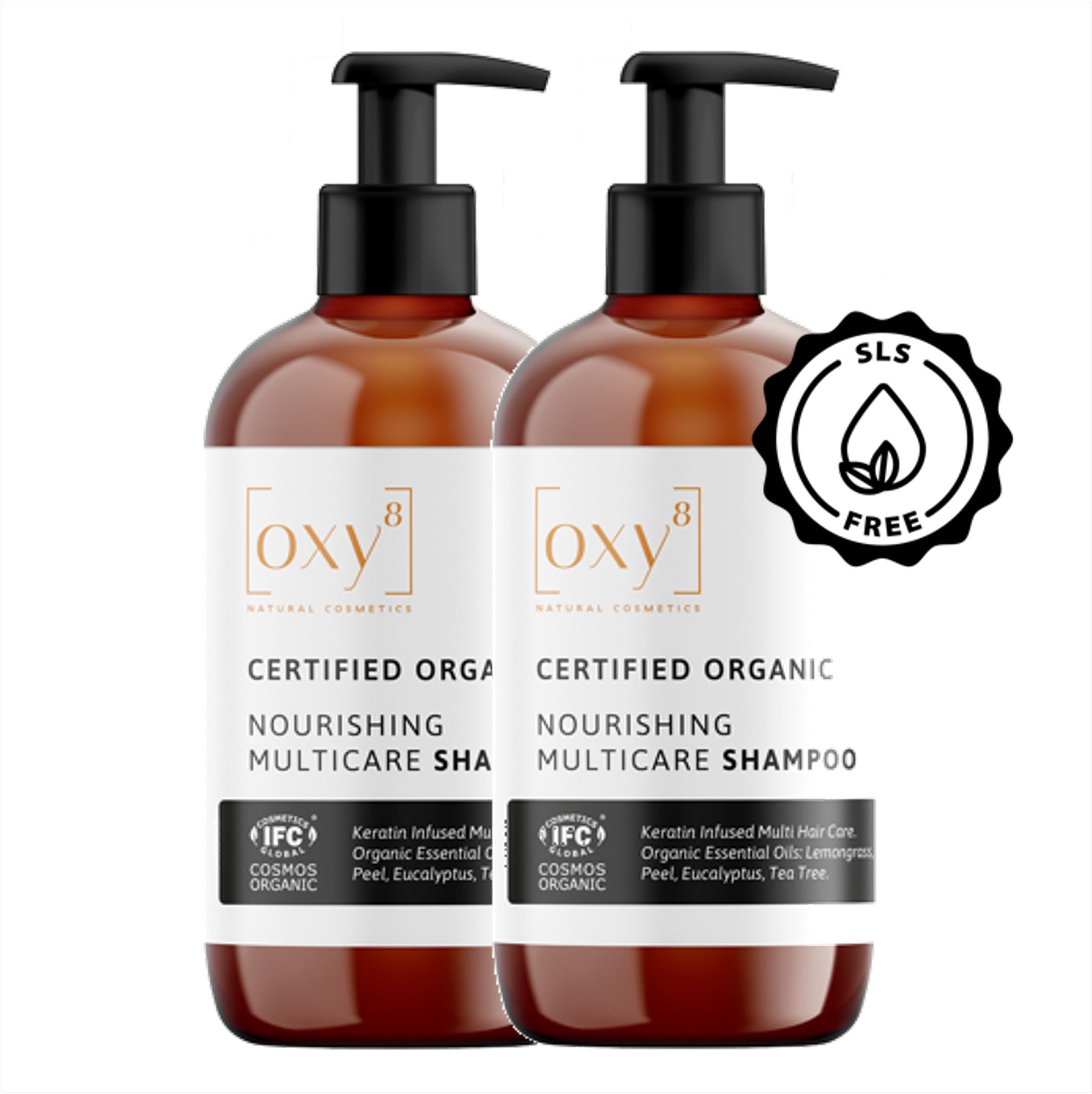 Zwei Flaschen Shampoo mit schwarzem Pumpverschluss. Aufschrift: oxy8, Certified Organic, Nourishing Multicare Shampoo. SLS-frei.
