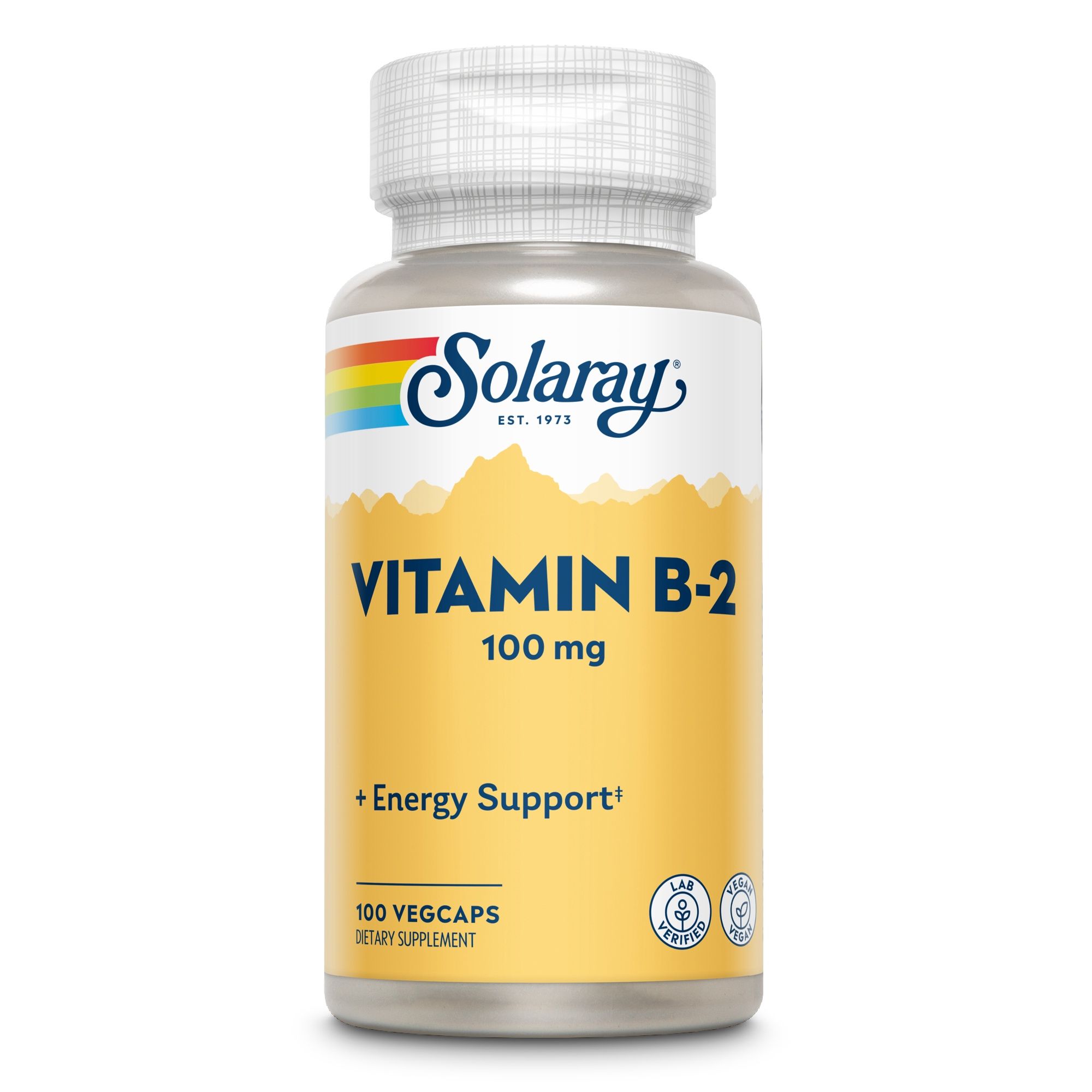 Solaray Vitamin B-2 100 mg Flasche. Gelbes Etikett mit Regenbogen und Text. 100 Vegcaps, Dietary Supplement.