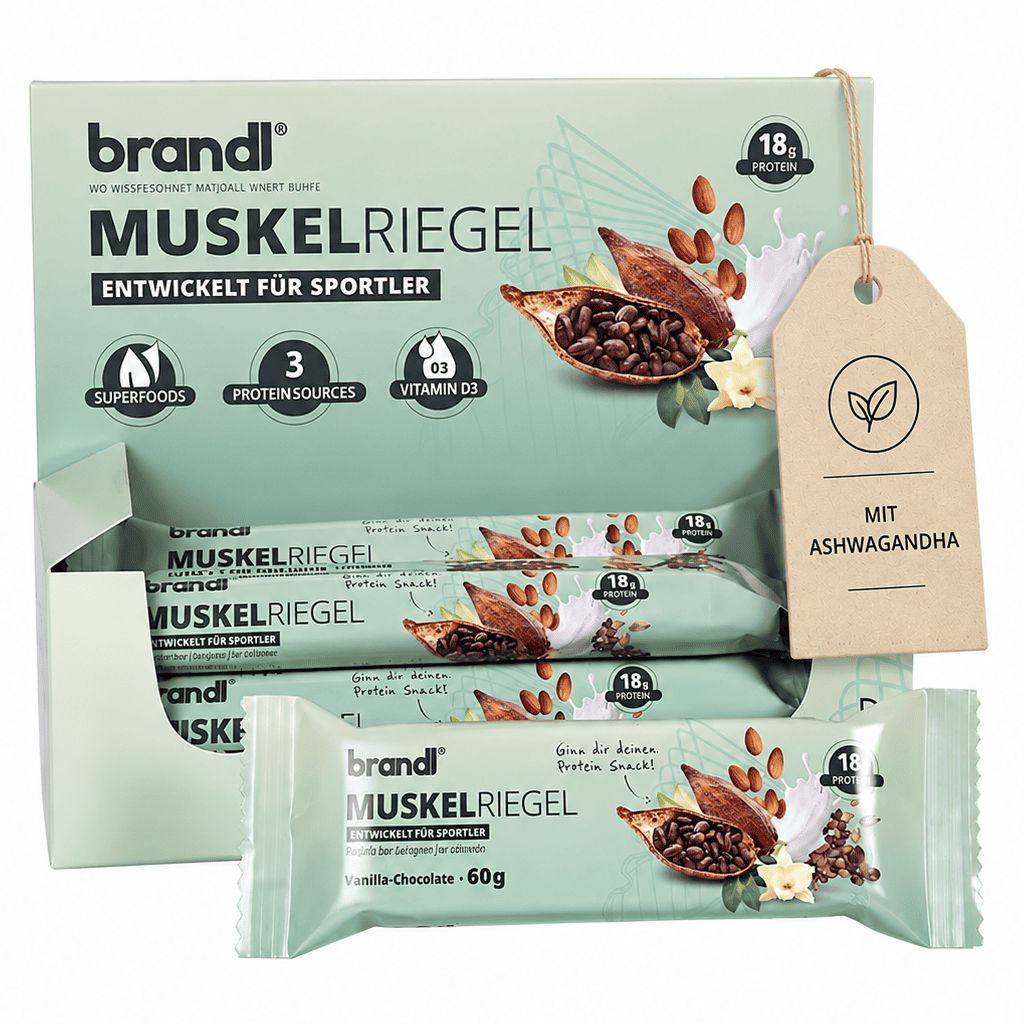 brandl® Muskelriegel, entwickelt für Sportler. 18g Protein, 3 Proteinquellen, Vitamin D3. Mit Ashwagandha. Vanille-Schoko Geschmack.