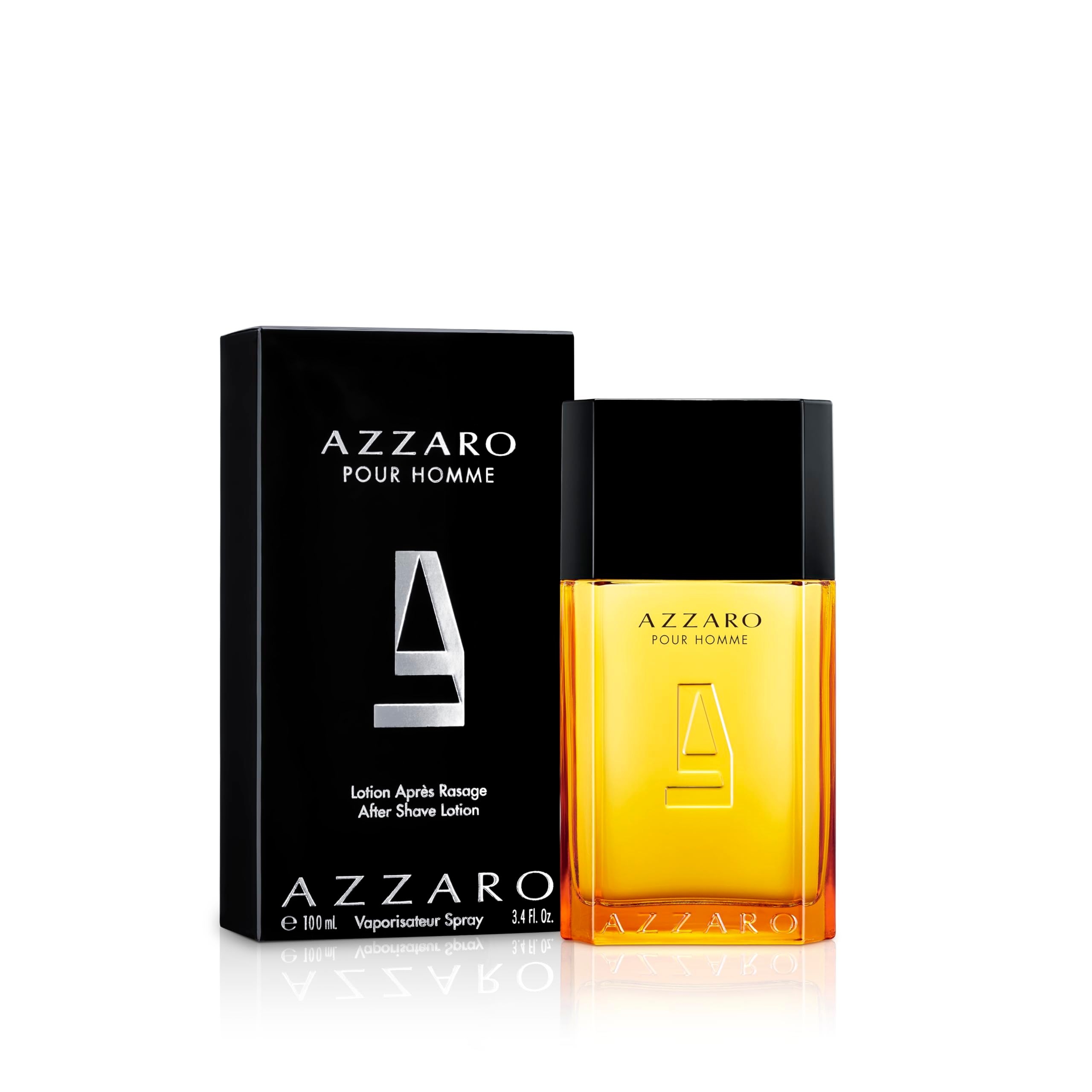 Azzaro Pour Homme Flakon und Verpackung. Schwarze Verpackung mit weißem Logo. Rechteckiger Flakon mit schwarzem Deckel.