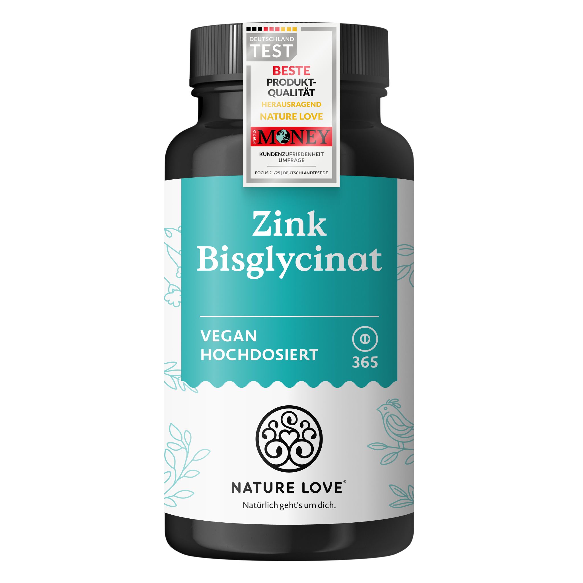 Flasche NATURE LOVE Zink Bisglycinat, vegan, hochdosiert. Siegel 'Beste Produkt-Qualität'.