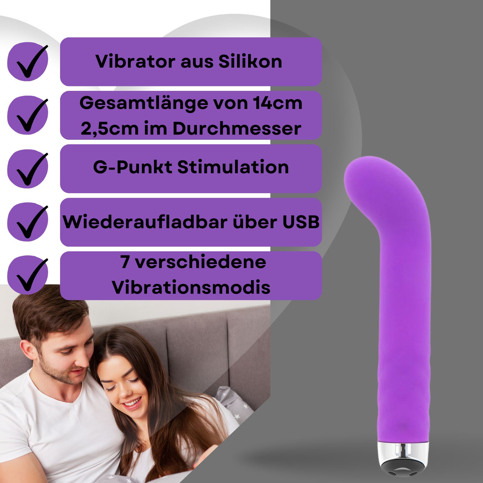 Lila Vibrator. Text auf lila Tafel: Silikon, 14cm lang, 2,5cm Durchmesser, G-Punkt, USB, 7 Modi.