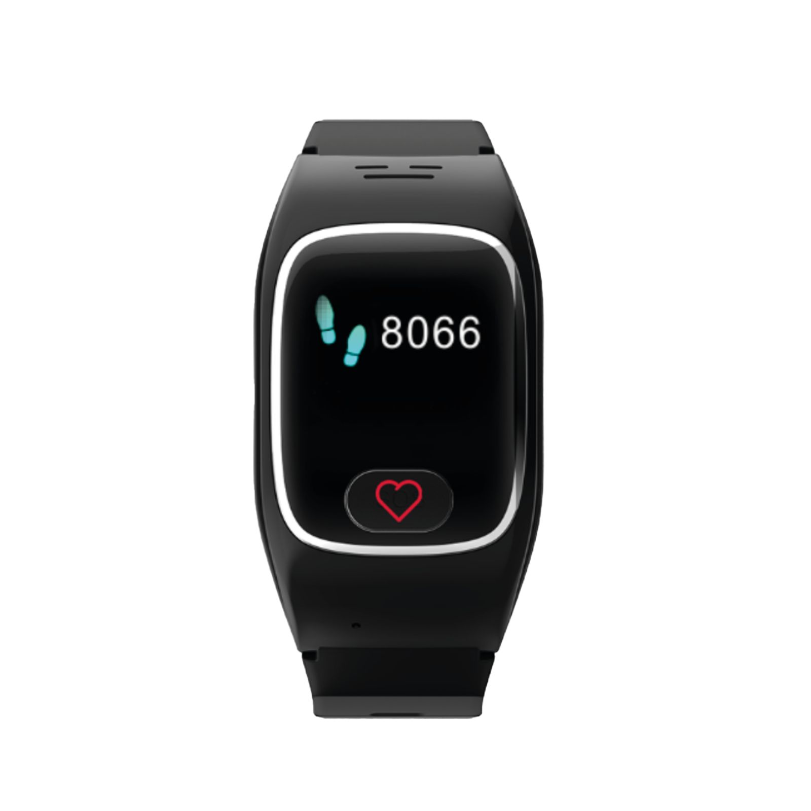 Schwarze Smartwatch mit Schrittzähler-Symbol und Anzeige '8066'. Herzsymbol. Schwarzes Armband.