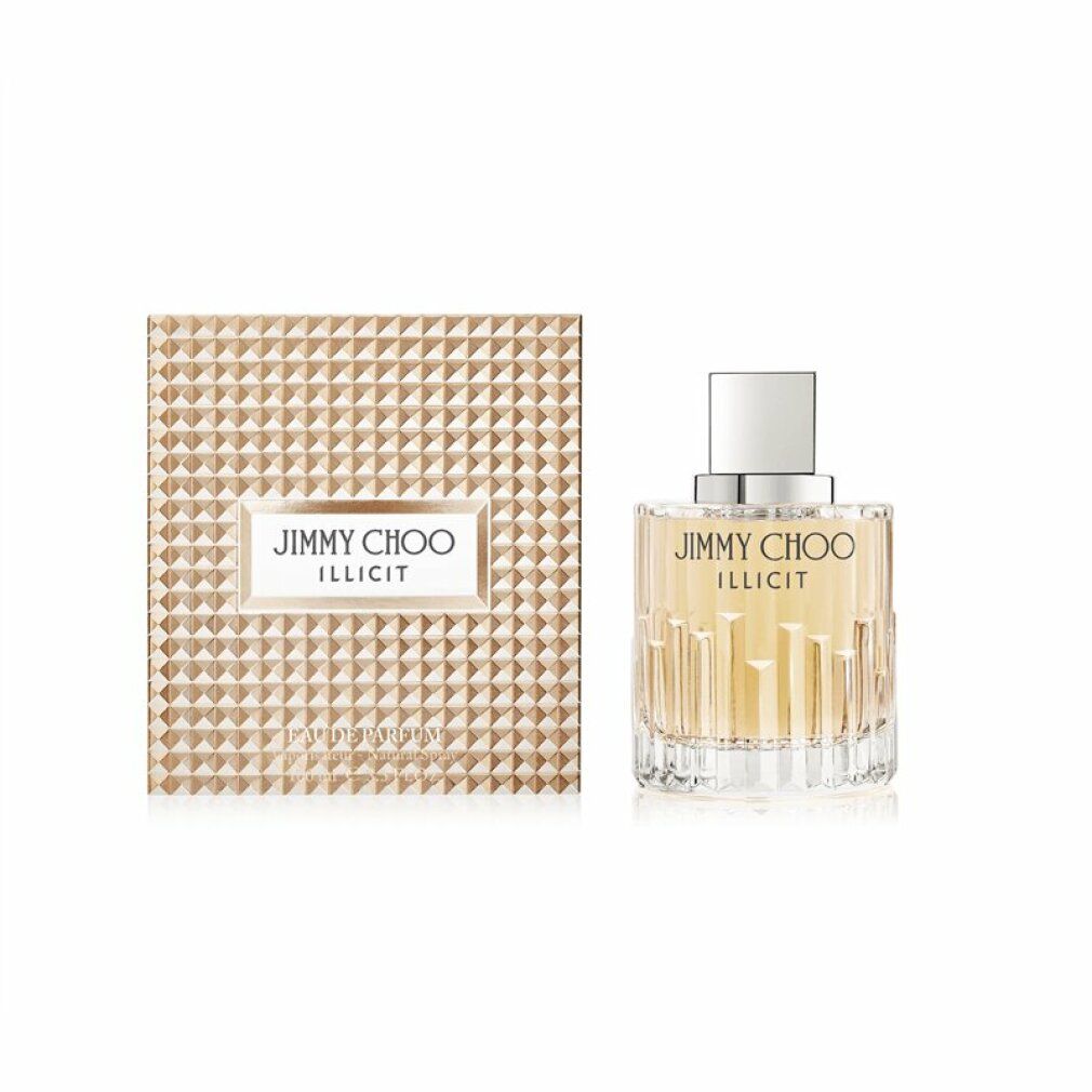 Parfümflasche und Verpackung. Aufschrift: Jimmy Choo Illicit. Quadratische Verpackung mit Muster.